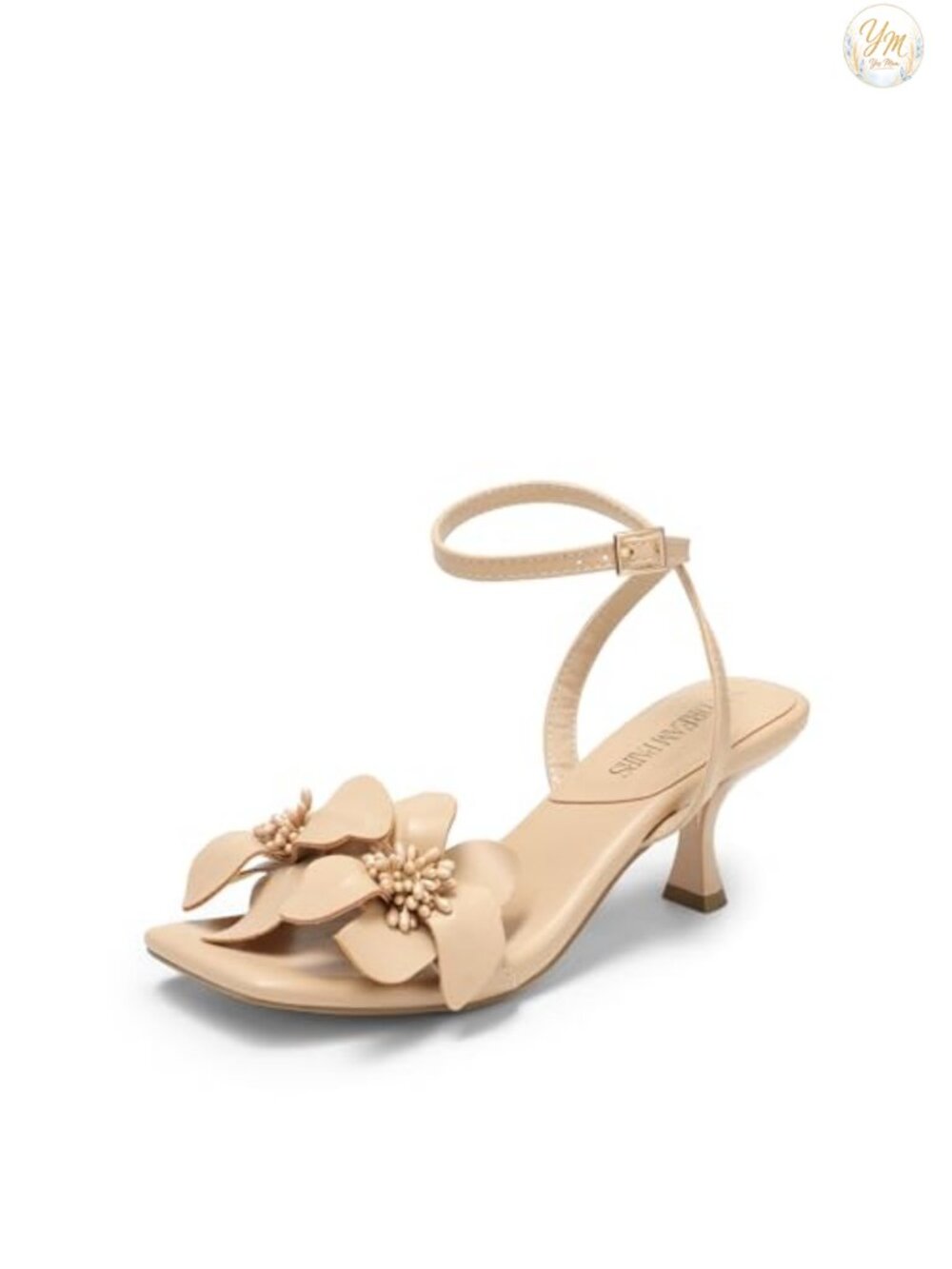 Women's Flower Kitten Heel Sandals - Square Toe Faux Leather Evening Dress Heels